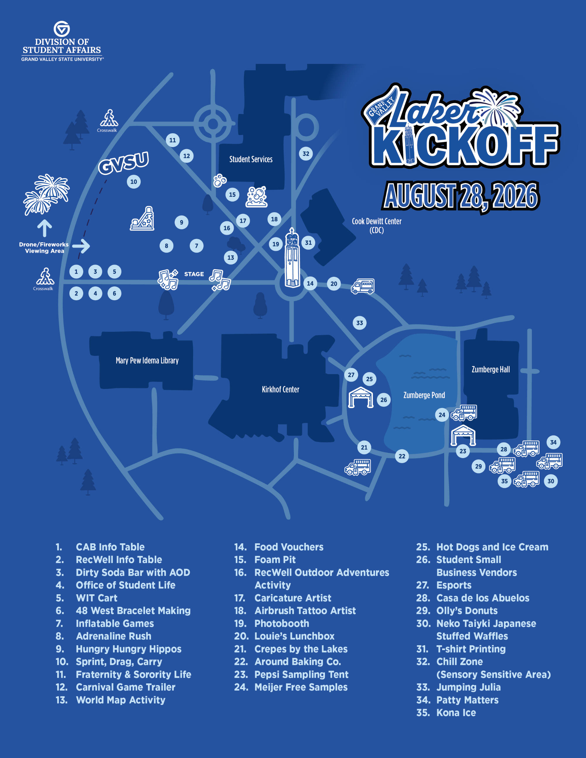 Map of Grand Valley State University's Lake Kickoff event on August 28, 2026, featuring locations of activities, food options, and event details.